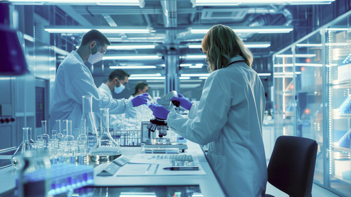 Research team in a laboratory analyzing pharmacogenetic data for precision medicine advancements