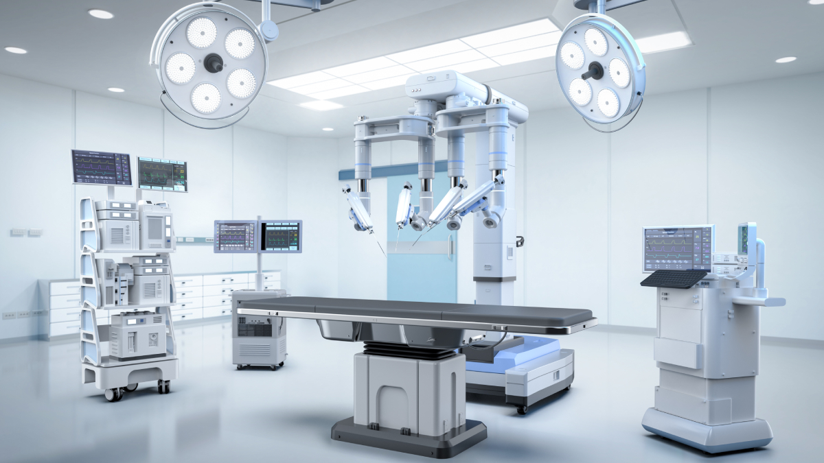 Une salle d'opération hybride de haute technologie équipée de systèmes de chirurgie robotisée dans un environnement hospitalier stérile