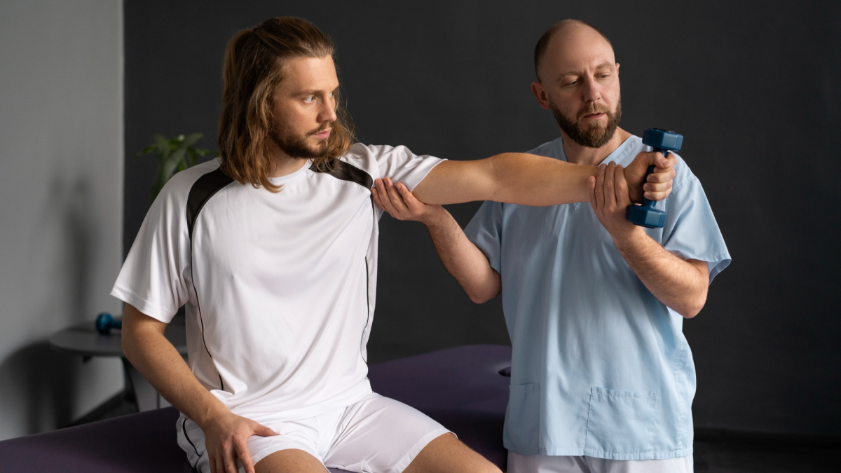 Professional athlete undergoing physiotherapy rehabilitation after sports injury