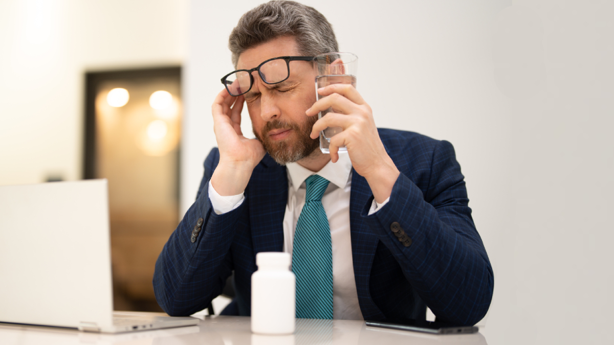 overworked professional taking pills stimulants